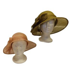 Lord & Taylor Vtg Womens Wide-Brim Hat Set Green & Peach Sinamay Floral Accent